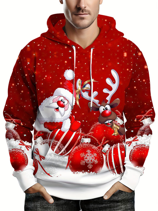 Men's 3D Santa & Rudolph Christmas Hooded Sweatshirt - Red/Green Festive Pullover Hoodie with Reindeer Antlers, Soft Polyester Knit Sweater for Holiday Parties, Winter Outfits & Casual Wear (Machine Washable), PLUS SIZE