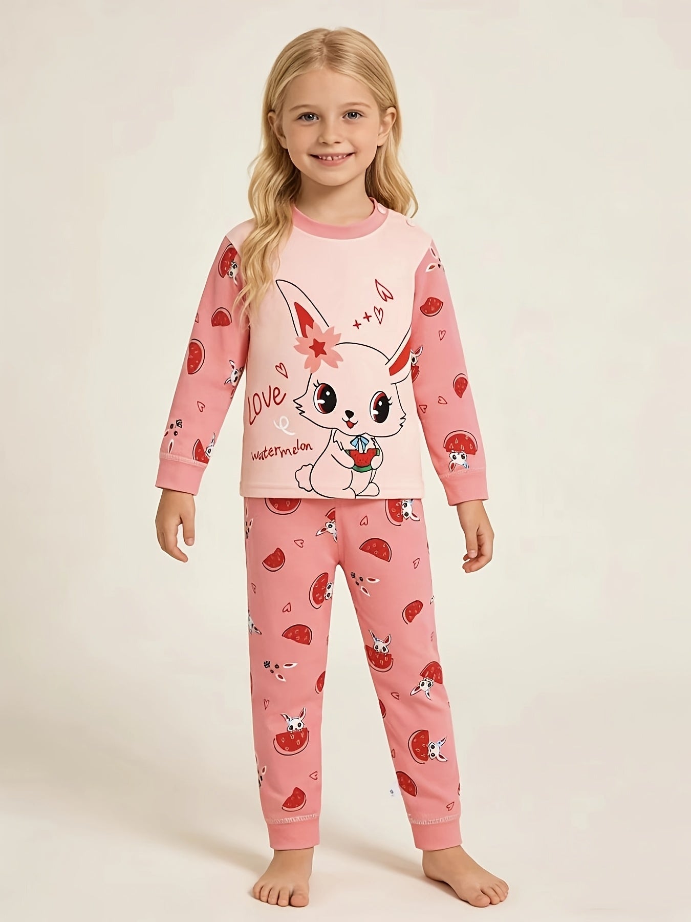 Girls' Cotton Thermal Underwear Set with Cute Rabbit Print