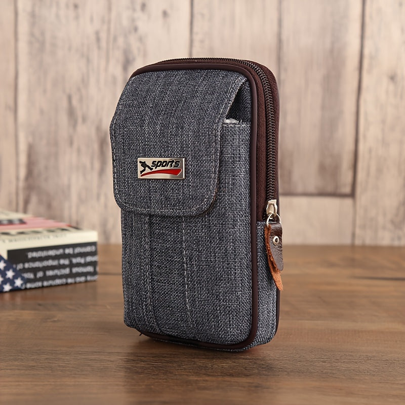 1pc Men's Mobile Phone Bag, Casual Wear Belt Fanny Pack, Canvas Mobile Phone Fanny Pack, Multi-functional Waterproof Mobile Phone Bag, Card Holder, Coin Wallet