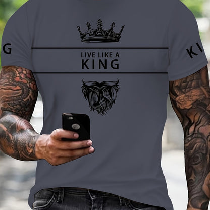 Men's 3D Digital Print T-Shirt with Crown  "LIVE LIKE A KING" Slogan - Casual Round Neck Regular Fit Machine Washable Graphic Tee for Casual Attire, Streetwear Fashion, Bold Statement Shirt, Durable Fabric Shirt