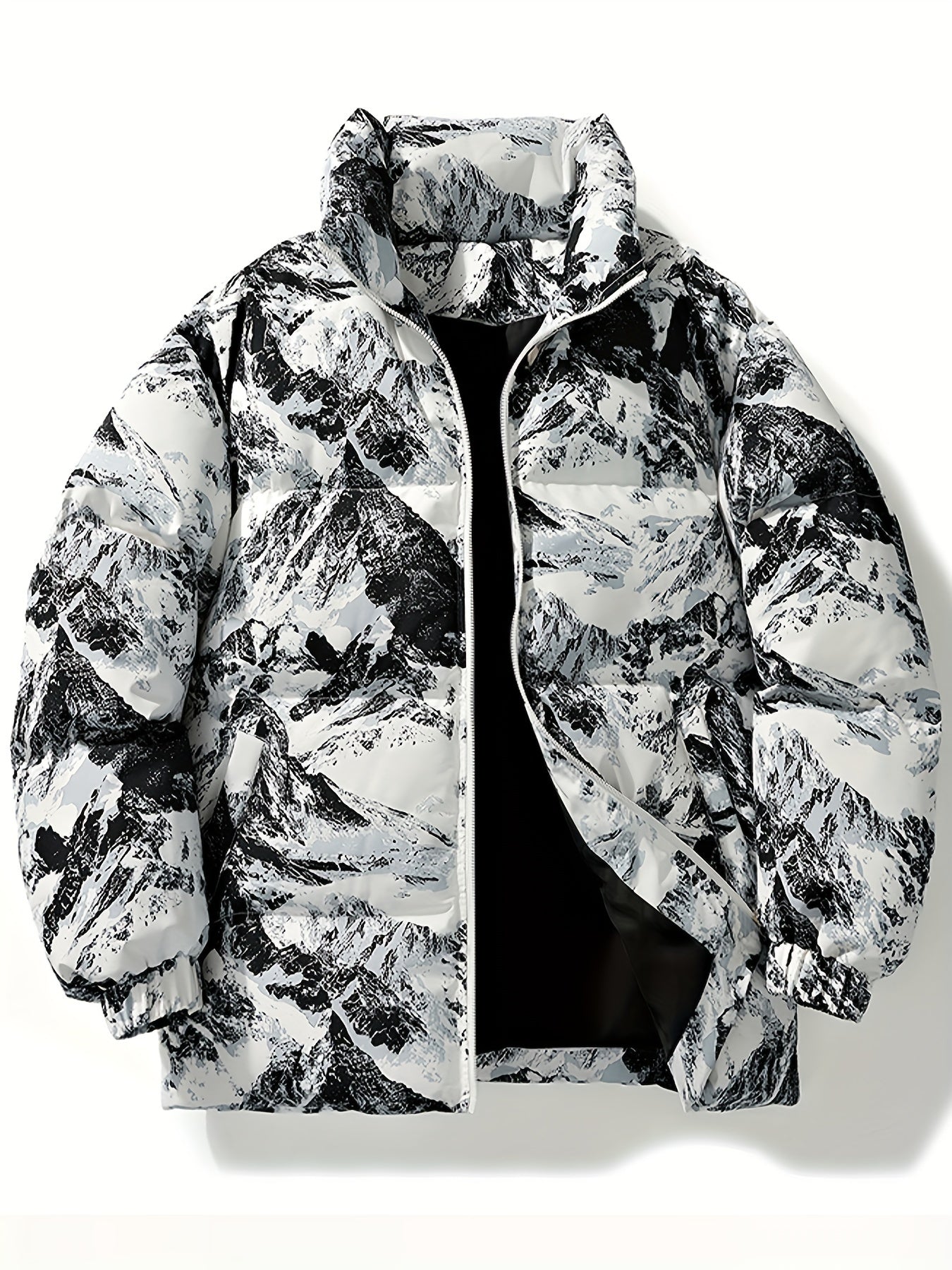 Men's Winter Mountain Camo Hooded Jacket with Insulating Polyester Fill - Stand Collar & Zippered Pockets, Machine Washable Outdoor Coat for Hiking, Camping, Casual Wear - White/Black/Gray (Regular Fit) by Ocean Muai Xing