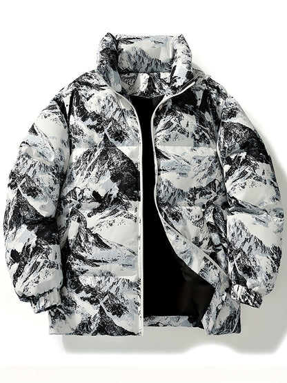 Men's Winter Mountain Camo Hooded Jacket with Insulating Polyester Fill - Stand Collar & Zippered Pockets, Machine Washable Outdoor Coat for Hiking, Camping, Casual Wear - White/Black/Gray (Regular Fit) by Ocean Muai Xing