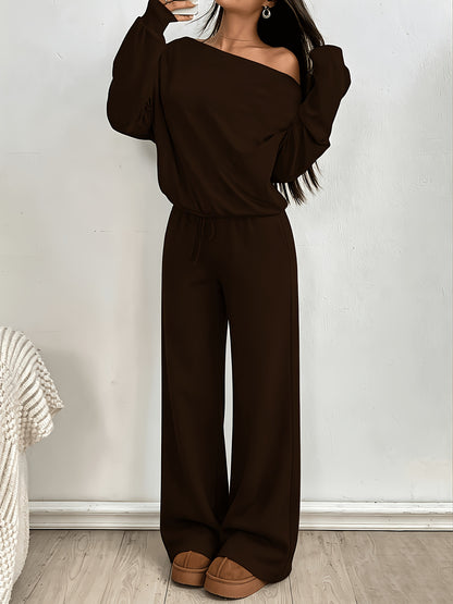 Women’s Fall Casual Off-Shoulder Cropped Top & Wide-Leg Pants Set