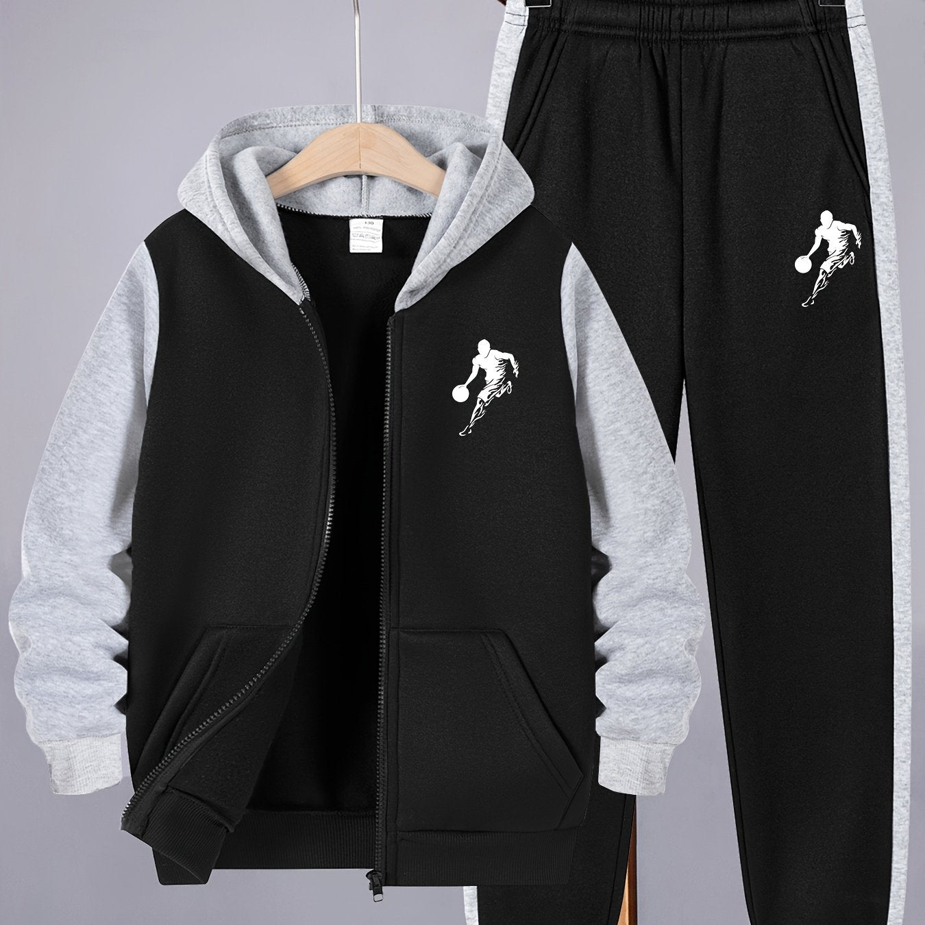 2pcs Boys' Casual Sportswear Set, Fashion Basketball Print Fleece-Lined Zip-Up Hoodie + Pants for Autumn and Winter, Suitable for Daily Wear and Outdoor Activities, Perfect for Outdoor