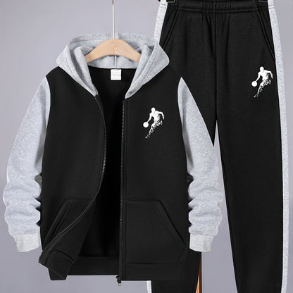 2pcs Boys' Casual Sportswear Set, Fashion Basketball Print Fleece-Lined Zip-Up Hoodie + Pants for Autumn and Winter, Suitable for Daily Wear and Outdoor Activities, Perfect for Outdoor