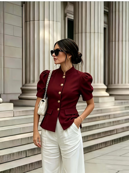 Elegant Women's Solid Color Puff Sleeve Short Jacket - ayq