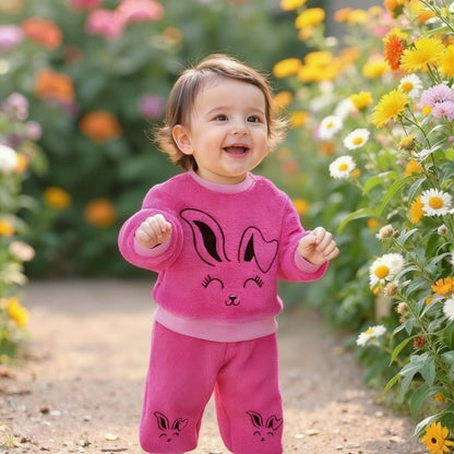 Adorable Cartoon Rabbit Embroidered Two-Piece Set for Youngsters - Soft Coral Fleece Outfit with Matching Pants, Perfect for Fall/Winter Casual Wear, Youngsters'S Playwear|Playful Design|Stretchy Fabric, Youngsters Girl Cloth