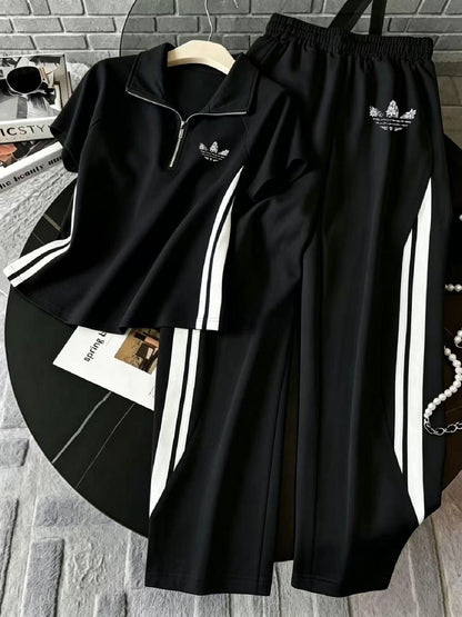 Retro Polo Neck Top & Wide Leg Pants Set with Side Stripe