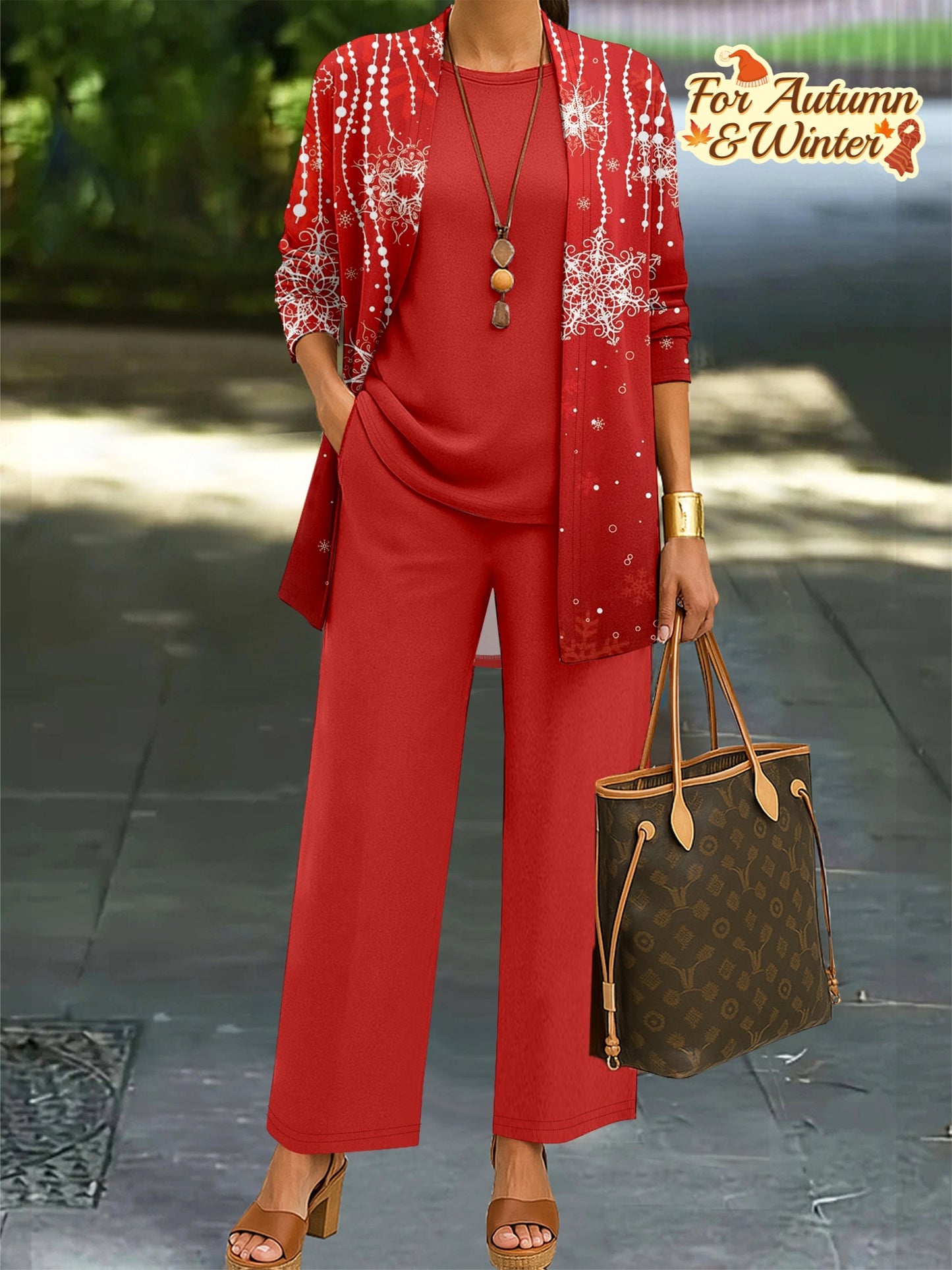 Red Base Pattern Print Top and Pants Three-Piece Set, Spring Summer Autumn Winter Versatile Fashion Full-Body Print Long Sleeve Jacket Solid Color Round Neck