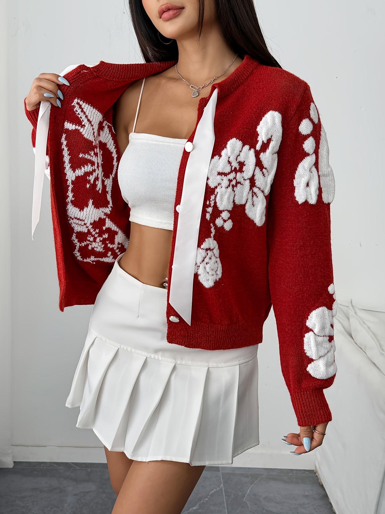 Women'S Red Sweater - Long Sleeve Button-Front Cardigan with Elegant Loose Fit, Round Neck Winter Sweater for Everyday & Formal Outfits, Non-Transparent Fall/Winter Sweater for Casual Formal Events, Winter Sweater, Seasonal F