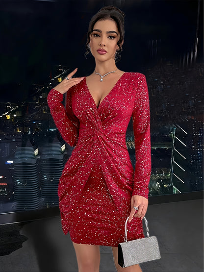 Women'S Elegant V-Neck Long Sleeve Dress with Twist Detail - Sparkling Party & Formal Dress, Stretchy Fitted Fabric, Flattering Bodycon Silhouette for Evening Events, Office, Wedding - Spring/Fall/Summer Fashion, Cute Dresses