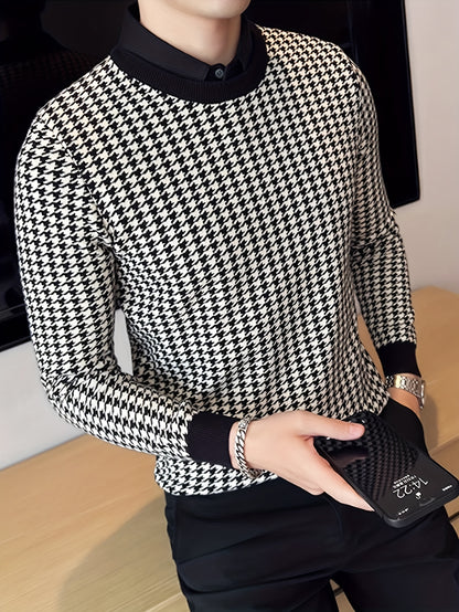 Նոր տղամարդու Houndstooth գունավոր խճճված սվիտեր, կլոր վզնոցով և երկար թևքերով ամենօրյա սվիտեր, տրիկոտաժե