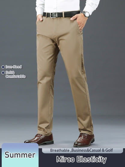 Men's Solid Color Straight Leg Business Style Cotton Blend Pants, Casual Comfy Breathable Outdoor Trousers As Gift