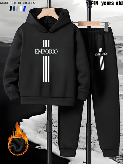 Boys' 2pcs Hoodie and Sweatpants Set with EMPORIO Print, Polyester Material, Comfortable Fit for Autumn/Winter Wear, Perfect for Daily Use and Outdoor Activities | Back-to-School Gift | Ideal for Home Sports | Essential for R