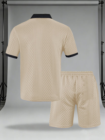 Men's Casual Summer Knitted Polo Set with Geometric Pattern
