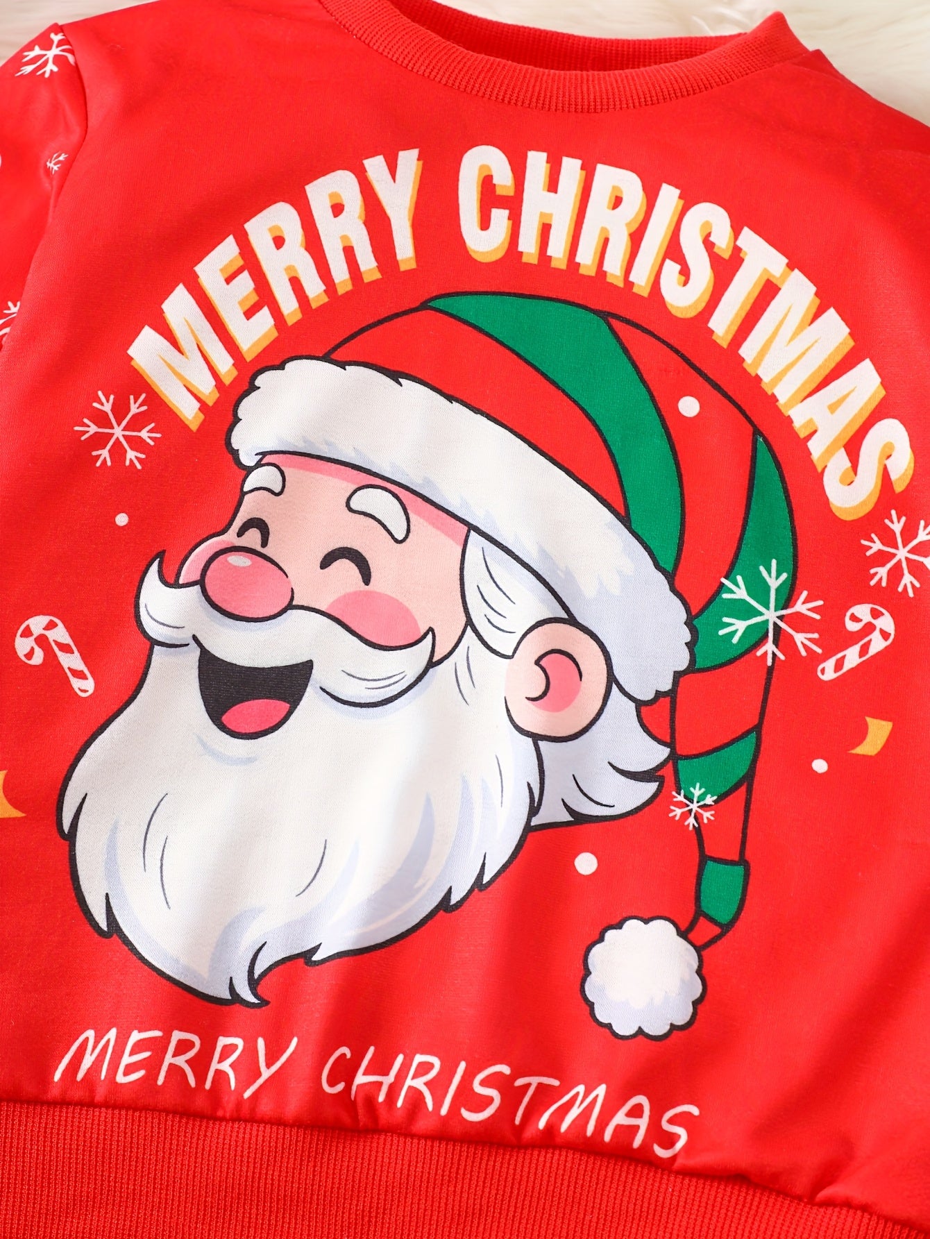 2pcs Girls' Christmas Outfit Set - Red Long Sleeve Top & Black Pants with Santa Claus, Snowflakes & SnowChildren - Cozy Winter Party Outfit for Christmas Day, for Outdoor, Christmas Clothes, Festive Clothing, Holiday Clothing