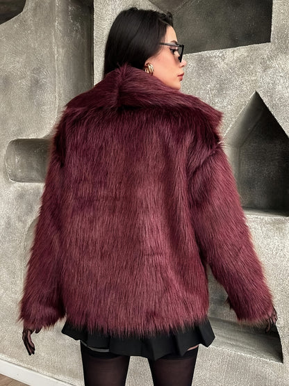 Women's Elegant Luxury Faux Fur Coat - Winter Warm Solid Black Outerwear with Plush Fur Collar, Machine Washable Winter Coat for Fall & Winter, Casual to Formal Events, Faux Fur Jacket for Women, Chic and Sophisticated Design