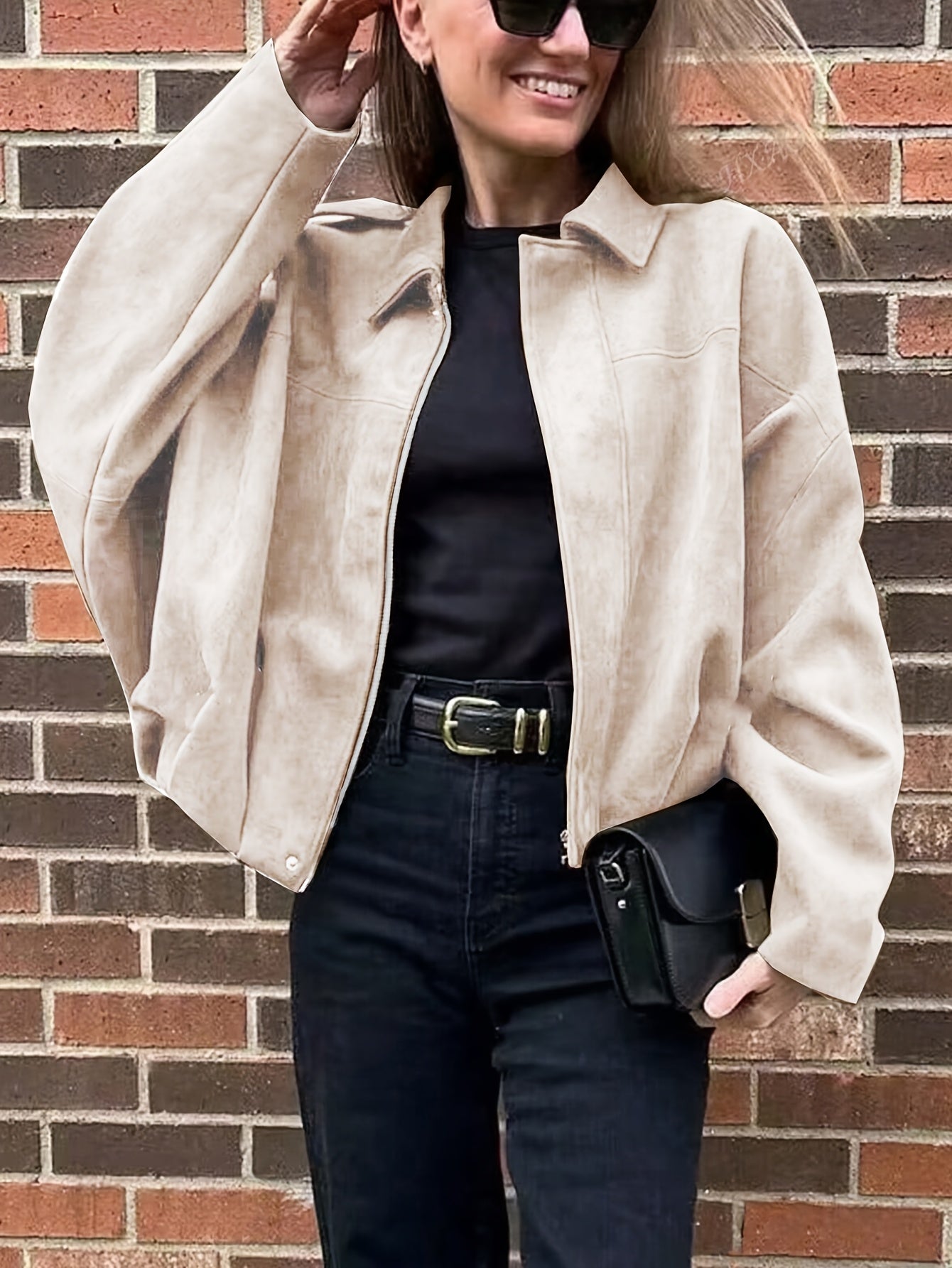 Կանացի վինտաժային բոմբեր բաճկոն - ազատ չափի երկար թևքով, կայծակաճարմանդով և իջեցված ուսերով, շագանակագույն առօրյա վերնազգեստ աշուն/ձմեռ համար, չձգվող գործվածք, իդեալական է առօրյա հագուստի համար, աշուն-ձմեռ բաճկոն | Վինտաժային բոմբեր ոճ | Zipp