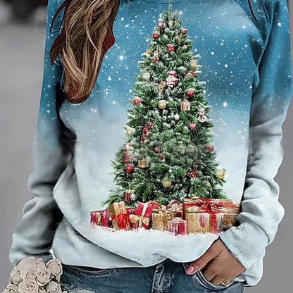 Christmas Tree Print Sweatshirt, Casual Long Sleeve Crew Neck Sweatshirt, Women's Clothing