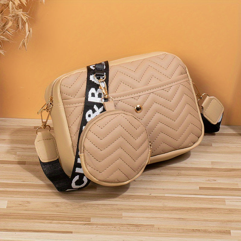 New Quilted Shoulder Bag, Casual Zipper Crossbody Bag, V-Pattern Two Piece Small Square Bag, Shoulder Bag with Zero Wallet, Letter Shoulder Strap, Coin Wallet, Card Bag, Phone Bag, Camera Bag, Lipstick Bag, Key Bag(8.66*5.12*