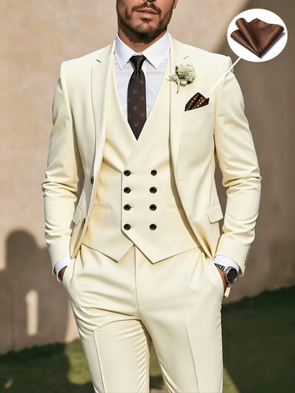 Men's 3-Piece Polyester Suit Set with Vest & Pocket Square