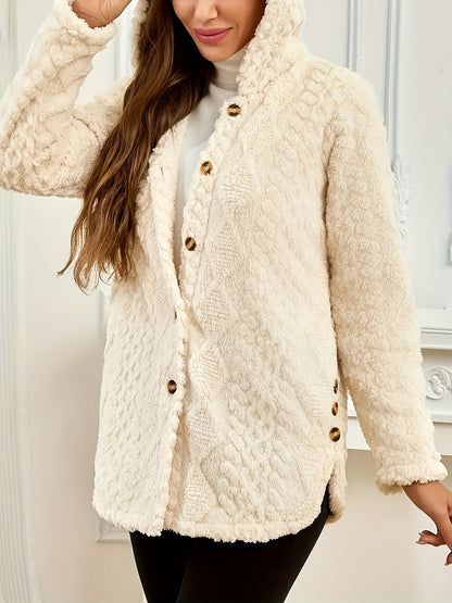 Elegant Pink Faux Fur Coat for Women - Chic Button-Front Hooded Jacket with Sleek Collar, Long Sleeves, and Ribbed Detailing - Perfect for Fall & Winter, Hand or Dry Clean Only