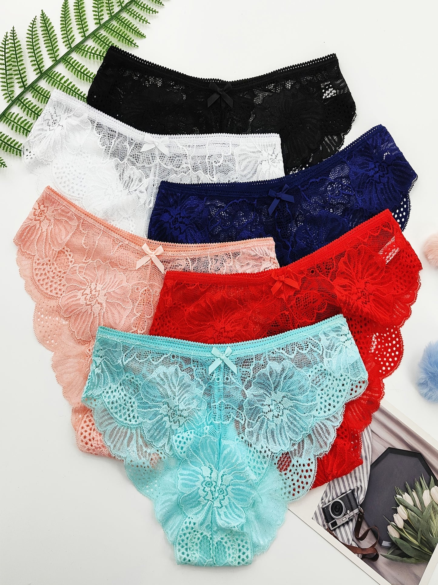 6 հատ Jacquard Lace Bow Hipster Bikini վարտիք, Հարմարավետ և շնչող ցածր գոտկատեղով շորտեր, կանացի ներքնազգեստ և ներքնազգեստ