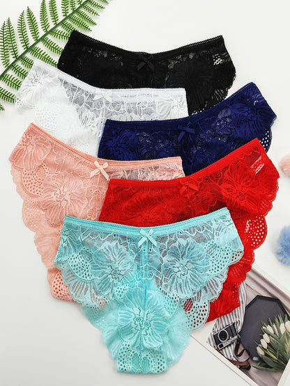 6 հատ Jacquard Lace Bow Hipster Bikini վարտիք, Հարմարավետ և շնչող ցածր գոտկատեղով շորտեր, կանացի ներքնազգեստ և ներքնազգեստ