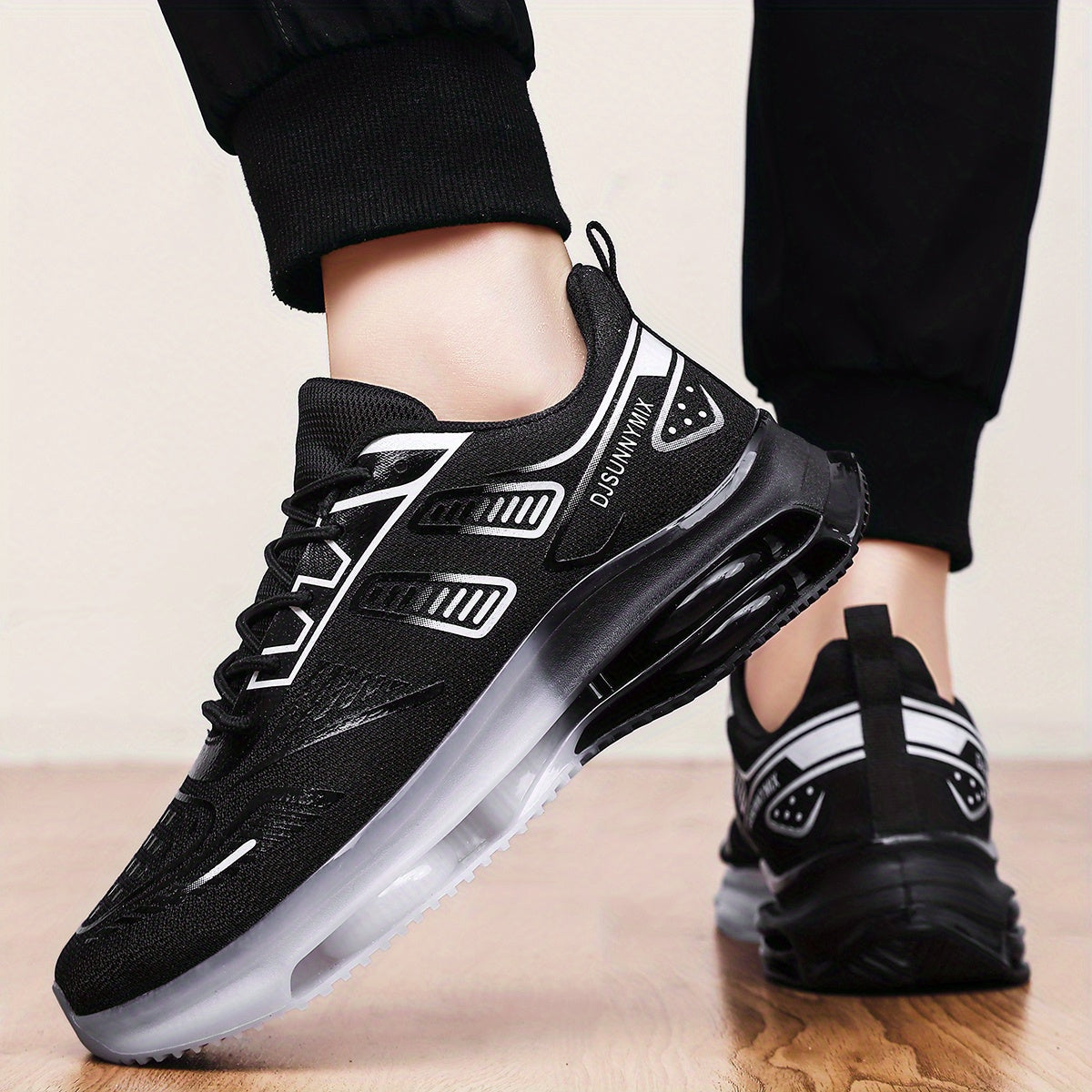 DJSUNNYMIX Men'S Breathable Mesh Low-Top Sneakers - Comfortable Cushioned Running Shoes with Air Cushion Technology, Black & White Design, Lace-Up Casual Shoes for Gym, Training, and Casual Attire, Gym Shoes, Sleek Sporty Loo - ayq