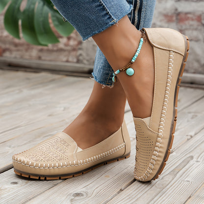 Women's Retro Perforated Flat Shoes, Comfy Breathable Round Toe Slip On Shoes, Casual Outdoor Loafers