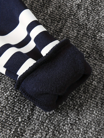 DONABEBE Boys' 2pcs Winter Hooded Jacket & Pants Set - Navy Blue/White Striped Full-Zip Thick Warm Outfit, Casual Playwear & Everyday Outfits for Boys, Easy Care, Perfect for Outdoor, Winter Jacket And Pants For Boys, Winter