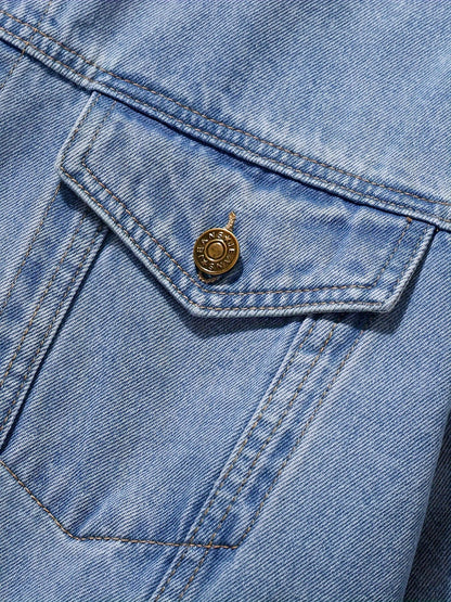 Men's Chic Washed Denim Jacket, Casual Street Style Button Up Contrast Stitching Jacket For Fall Winter