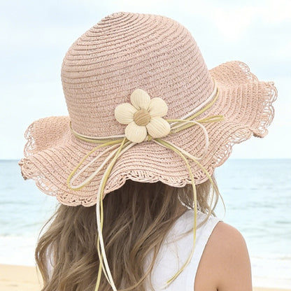 Kids' Paper Straw Hat with Lace Trim & Flower, Adjustable Strap
