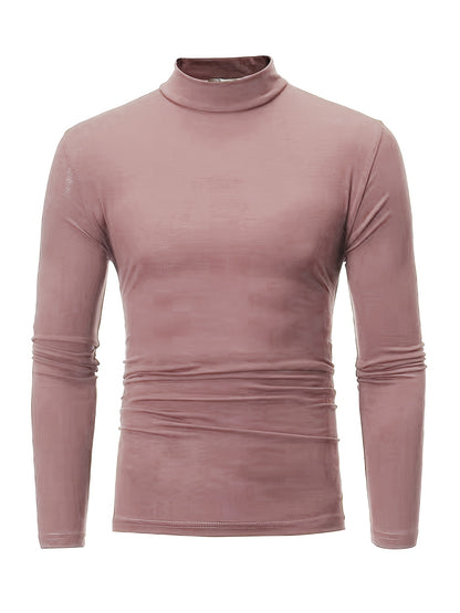 Men's Solid Long Sleeve Turtleneck Stretch T-shirt, Casual Comfy Warm Top For Fall Winter, Men's Clothing