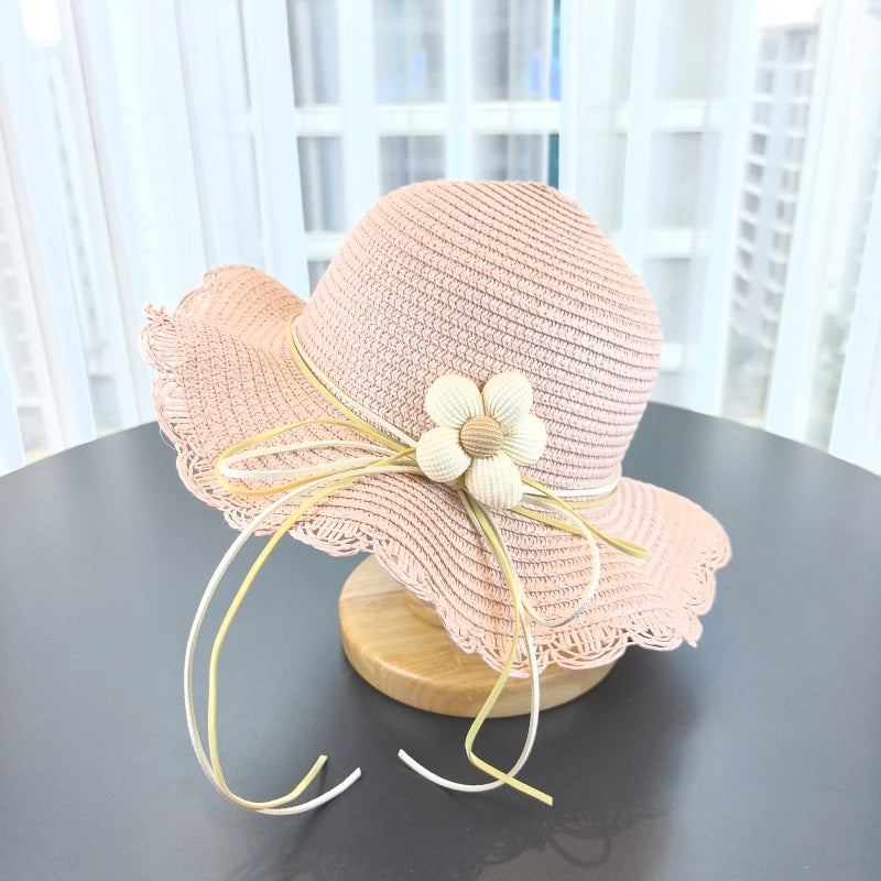 Kids' Paper Straw Hat with Lace Trim & Flower, Adjustable Strap