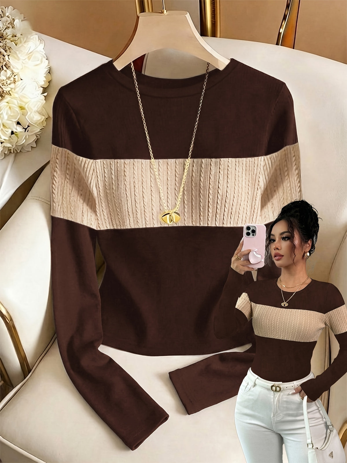 Women's Elegant Color-Block Crew Neck Long Sleeve Top