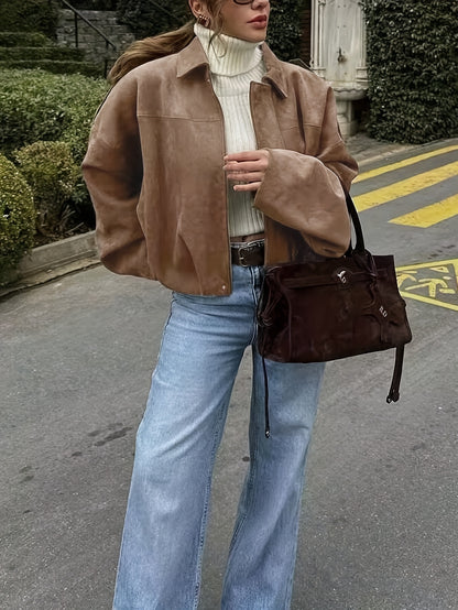 Կանացի վինտաժային բոմբեր բաճկոն - ազատ չափի երկար թևքով, կայծակաճարմանդով և իջեցված ուսերով, շագանակագույն առօրյա վերնազգեստ աշուն/ձմեռ համար, չձգվող գործվածք, իդեալական է առօրյա հագուստի համար, աշուն-ձմեռ բաճկոն | Վինտաժային բոմբեր ոճ | Zipp