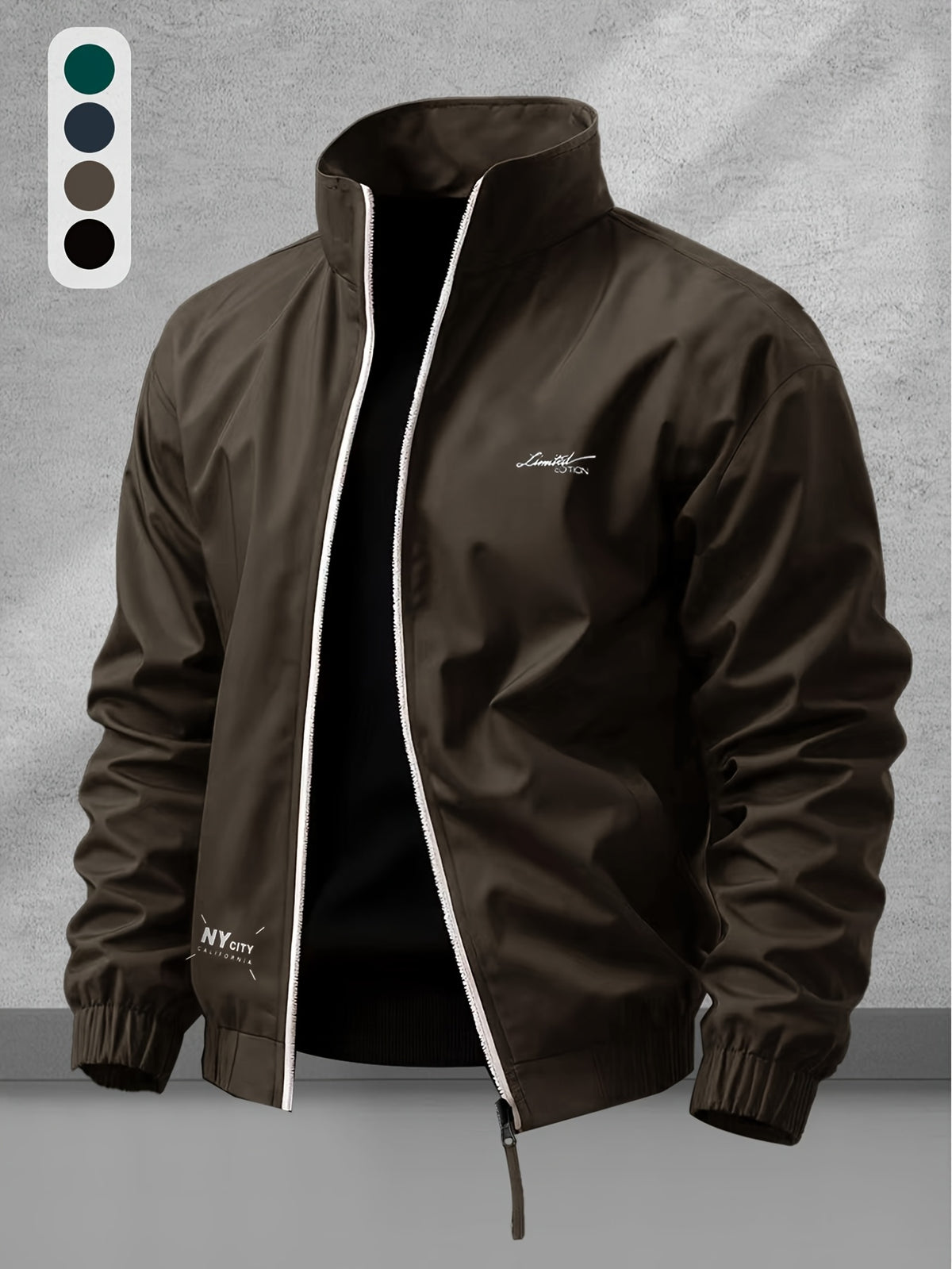 Men's Casual Polyester Jacket with Stand Collar and Zipper
