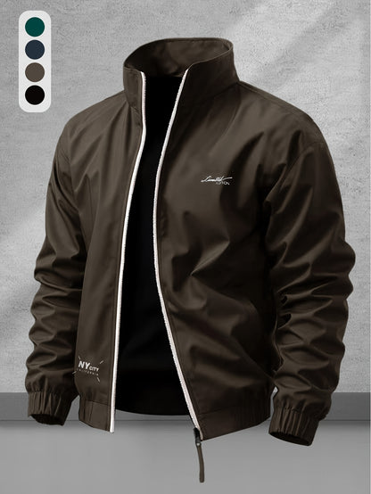 Men's Casual Polyester Jacket with Stand Collar and Zipper