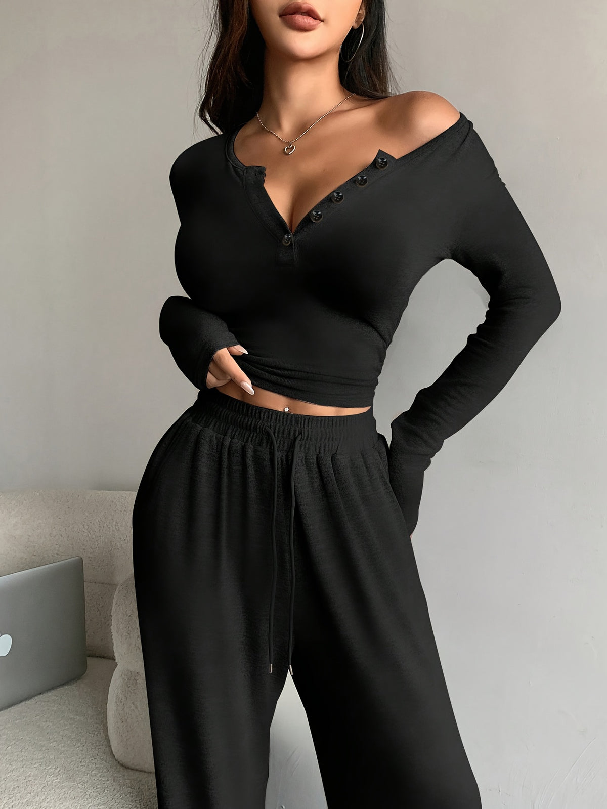 Elegant Fall/Winter Slim-Fit Cropped Top & Wide-Leg Pants Set - ayq