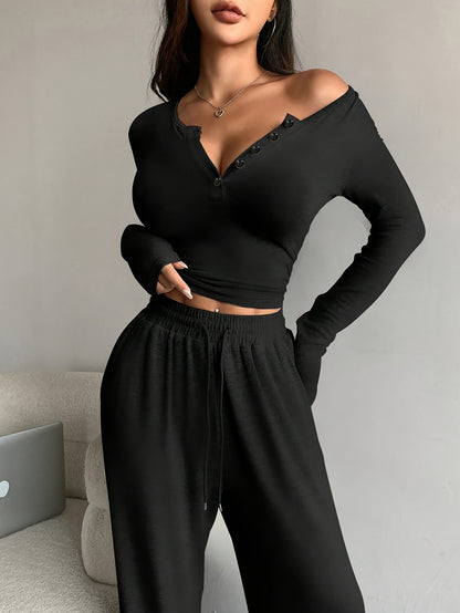 Elegant Fall/Winter Slim-Fit Cropped Top & Wide-Leg Pants Set - ayq