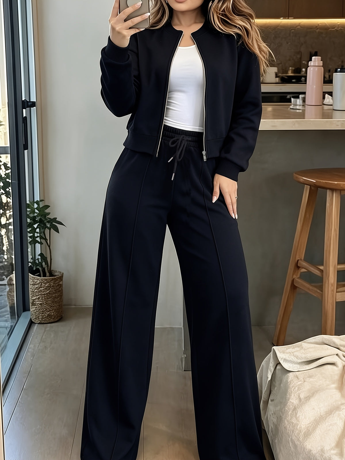 Women's Y2K Black Baseball Zipper Sweatshirt & Wide-Leg Pants Set