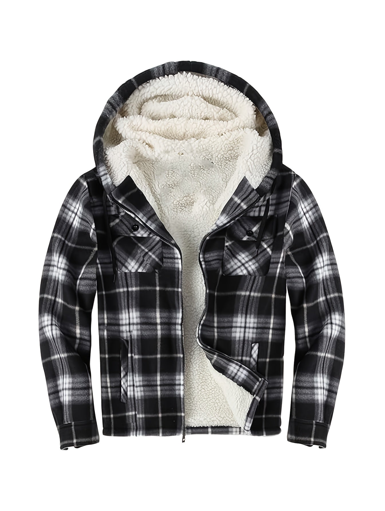 DPYEW Men's Full-Zip Hooded Jacket with Fleece Lining & Plaid Black/White/Gray Winter Coat - Windproof Outerwear, Full-Zip Closure, Hand Washable, Casual Jacket for Skiing, (Warm), Winter Jacket For Men, Mens Jacket, Men Wint