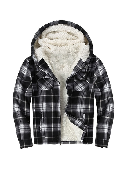 DPYEW Men's Full-Zip Hooded Jacket with Fleece Lining & Plaid Black/White/Gray Winter Coat - Windproof Outerwear, Full-Zip Closure, Hand Washable, Casual Jacket for Skiing, (Warm), Winter Jacket For Men, Mens Jacket, Men Wint