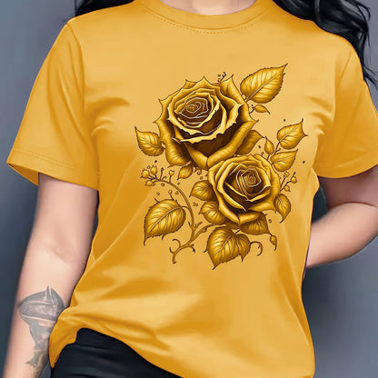 Women's Light Blue Yellow Rose Print T-Shirt - Short Sleeve Crew Neck Casual Top with Medium Stretch, Machine Washable & Breathable Fabric for All-Season Comfort, Relaxed Style, Graphic Tee, Stretchy Material, Printed Shirt,