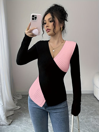 Կանացի էլեգանտ, գունային բլոկներով երկար թևքերով շապիկ - V-ձև, նեղ չափսերով և վարդագույն, հարմարավետ և նորաձև գարուն/աշուն, բազմակողմանի առօրյա կամ շքեղ հանդերձանք, բազմակողմանի նորաձևություն | V-ձև վերնաշապիկ | Շինարարություն, կանացի շապիկներ