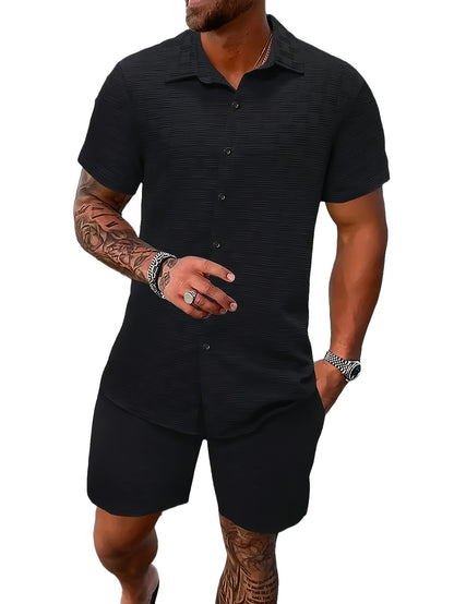 Men's Outfit, Checkered Print Lapel Short Sleeve Button Up Shirt & Shorts 2pcs co ord set for Outdoor Activities