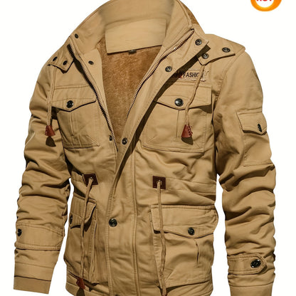 Men'S Winter Fleece-Lined Military-Style Jacket - Thickened Zip-Up Coat with Large Pockets, Olive Green Casual Winter Coat for Outdoor Activities, Winter Coats, Durable Fabric Coat