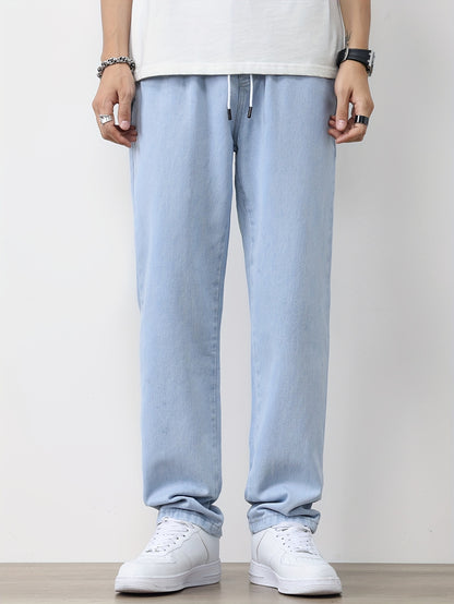Men's Solid Washed Denim Trousers With Pockets, Causal Drawstring Cotton Blend Barrel Jeans For Outdoor Activities