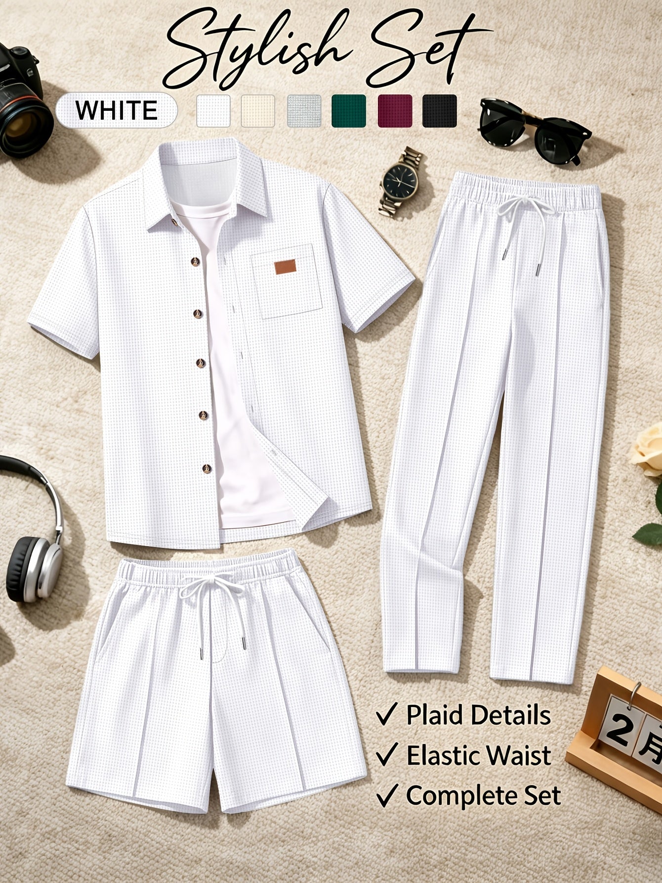 Men's Casual 3-Piece Set: Waffle Knit Shirt, Shorts & Pants